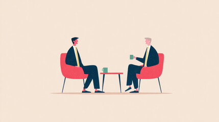 Two businessmen are sitting on chairs and chatting enthusiastically, symbolizing competition and cooperation in business
