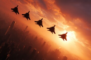 A city skyline at sunset, featuring high-rise buildings with an airplane flying overhead and a kite in the sky.