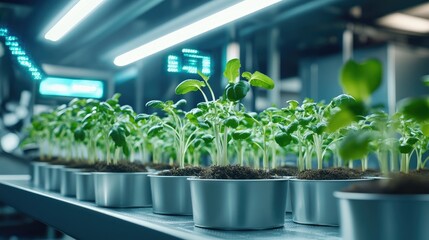 Rows of young plants in small pots on a conveyor belt inside a modern greenhouse