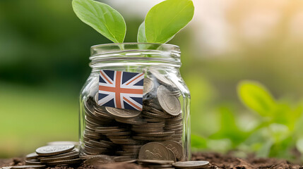 United Kingdom Flag on Coins in a Jar with a Growing Plant