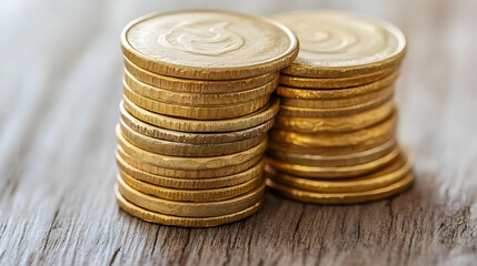 Two Stacks of Gold Coins on Wooden Surface