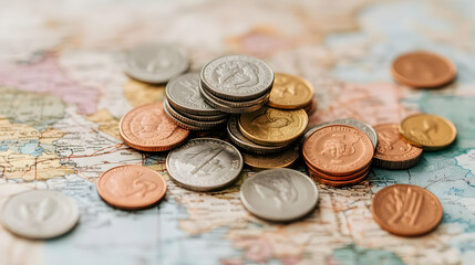 Various Coins Stacked on a Vintage World Map