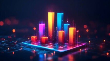 Vibrant 3D Neon Bar Chart Data Visualization on Digital Screen