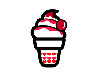 Sweet Cherry Ice Cream with Hearts Cone and Black Background