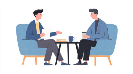 Two businessmen are sitting on chairs and chatting enthusiastically, symbolizing competition and cooperation in business
