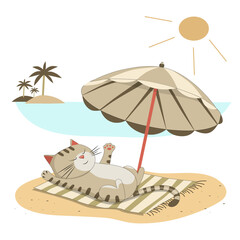 A cat under an umbrella sunbathes on the beach against the backdrop of the sea and palm trees. Vector illustration