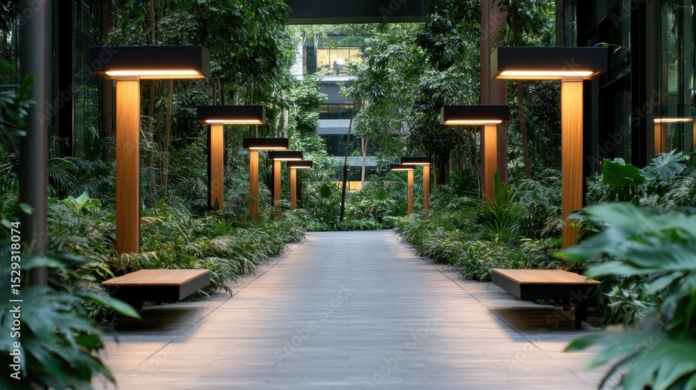 Poster an inviting pathway lined with elegant lights and surrounded by lush greenery creates a tranquil atm