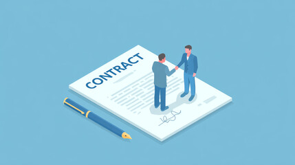 Against the backdrop of the contract illustration, two businessmen shake hands warmly, symbolizing competition and cooperation in business
