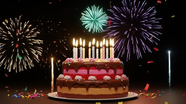 very festive birthday cake video footage illustration with very cool fireworks