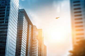 High-rise buildings and skyscrapers glowing in the warm sunset light, with a distant airplane visible in the sky.