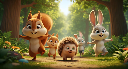 Charming Forest Landscape with Playful Woodland Creatures