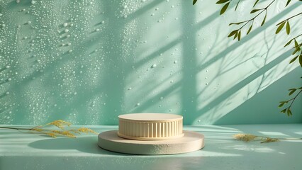 Clean Glossy Studio Setup with Ceramic Platform and Soft Shadows , Mint Green Wet Product Background with Golden Hour Light 
