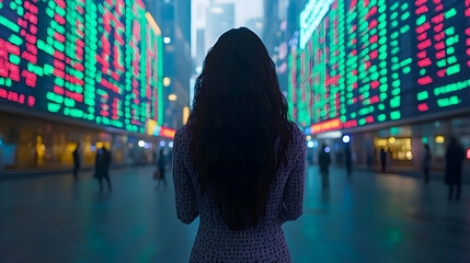 Woman Standing in a City at Night with Stock Market Data Displayed on Large Screens