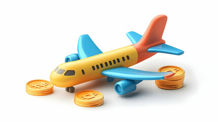 Yellow and Blue Toy Airplane with Gold Coins on White Background