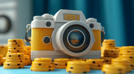 Yellow and White Retro Camera on a Pile of Gold Coins