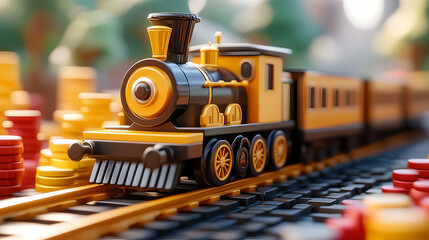 Yellow and Black Toy Train on Gold and Red Coin Tracks