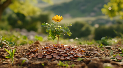 Yellow Flower Growing from Pile of Coins in Soil