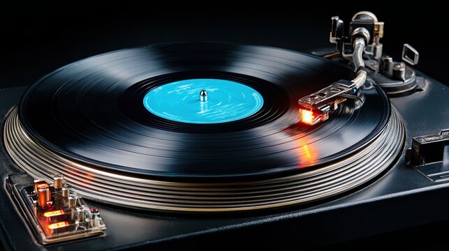 Vintage turntable playing black vinyl record with glowing needle and blue label on dark background