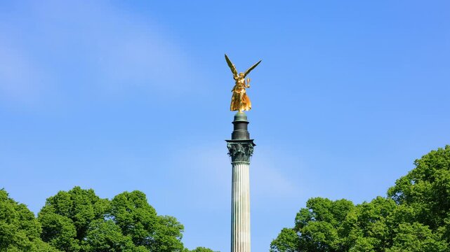 Time-lapse of the Nike Victory Goddess as a Peace Monument with Peace Angel, the landmark, monument and attraction of the Maximiliansanlagen in Munich - Bavaria, Germany, Europe