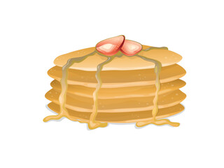 Delicious Stack of Golden Pancakes Topped with Fresh Strawberries and Sweet Syrup Drizzled Down the Sides