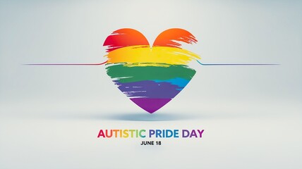 Autistic Pride Day is June 18. Banner, poster with a rainbow heart painted with bright brush strokes on a light background with the text “Autistic Pride Day is June 18” .