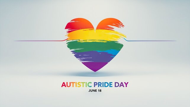 Autistic Pride Day is June 18. Banner, poster with a rainbow heart painted with bright brush strokes on a light background with the text “Autistic Pride Day is June 18” . - Powered by Adobe