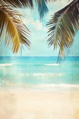 Obraz premium Tropical Beach View with Palm Trees and Ocean Waves Under Sunny Sky.
