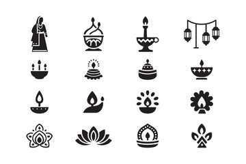 Diwali Festival Icon Set – Traditional Indian Culture and Lamp Vector Collection