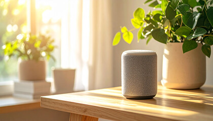 Smart Home Harmony: Voice Assistant on Wood Table with Lush Plants and Radiant Sunlight create harmonious blend of technology and nature.