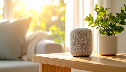 Smart Speaker in Cozy Living Room: A smart speaker rests on a light wooden table, next to a small potted plant, bathed in the warm glow of sunlight streaming through a nearby window.