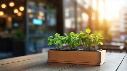 Small potted plants on a wooden table, out-of-focus cafe background