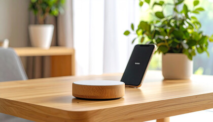 Wireless Charger on Wooden Table: A sleek, modern wireless charger rests on a light wood table, next to a smartphone, creating a minimalist and sophisticated tech scene.