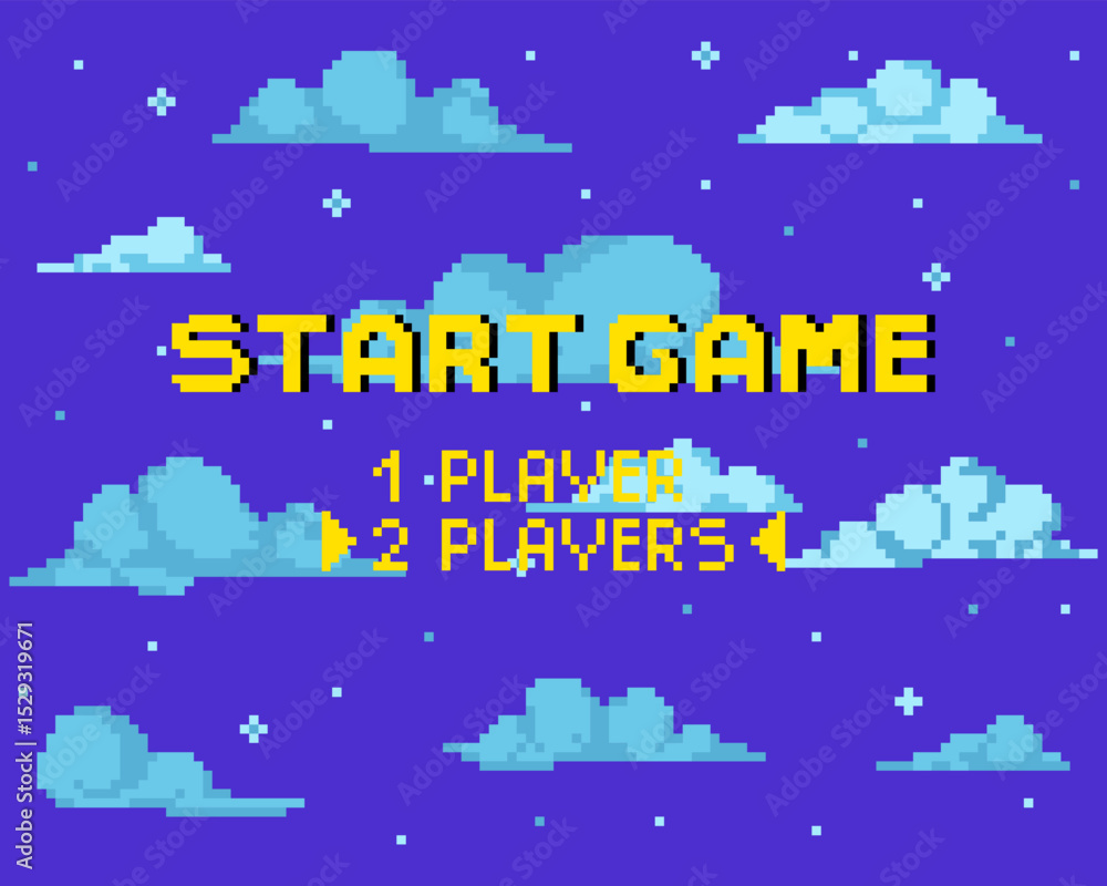 Poster background for pixel game. game start. 8-bit pixel interface. character selection. achievements in a