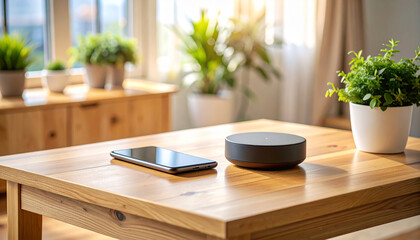 Smart home Technology & Greenery: A modern smart home device and smartphone rest on a wooden table, surrounded by lush green plants, basking in natural light, inviting a serene ambiance.
