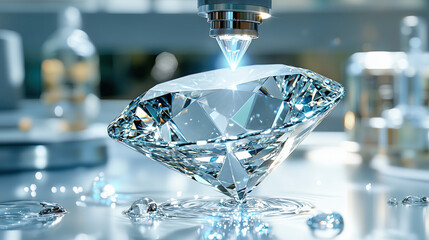 Sparkling diamond is being crafted with precision, showcasing its brilliance and clarity in modern workshop setting