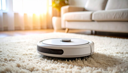 Robot Vacuum Cleaner in a Contemporary Home: A modern robotic vacuum cleaner effortlessly glides across a plush carpet, offering a glimpse into the future of home automation and convenience.
