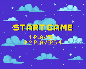 Background for pixel game. Game start. 8-bit Pixel interface. Character selection. Achievements in arcade games. Vector illustration