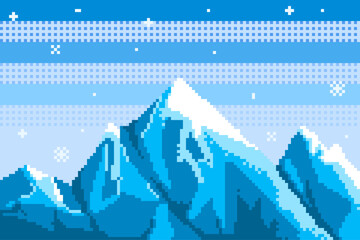 Pixel art background. With mountains, snow and clouds. A landscape for a game or program. Vector eps 10.