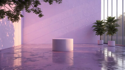 Soft Purple Studio Setup with Golden Hour Light and Wet Surface
