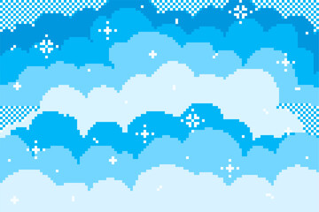 Fototapeta premium Pixel sky. Blue bright sky with snowflakes, winter clouds. Vector illustration.