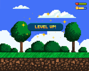 Pixel art game background with button level up. Game design concept in retro style. Vector illustration. Game screen pixel