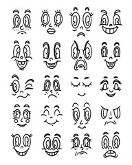 Set of cartoon faces. Expressive eyes and mouth, smiles, crying and surprised facial expressions of characters. Caricature comic emotions.