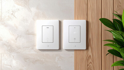Smart light switches: Two elegant light switches are installed on the wall, with a focus on sleek design and easy usability. capturing the seamless blend of function and aesthetics in modern homes. 
