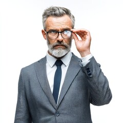 Man in suit adjusting glasses with gray hair and beard on a white background looking at camera