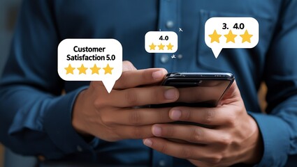 Person viewing high customer satisfaction ratings on smartphone