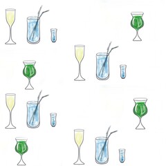 set of drinks, set of glasses, cartoon