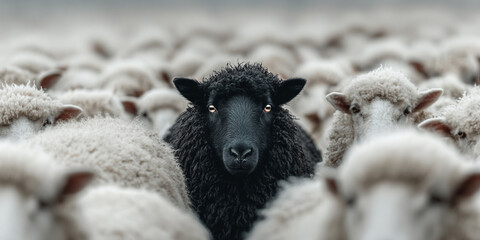 a focused black sheep amongst blurred white sheep, stand out from the crowd, odd one out  concept