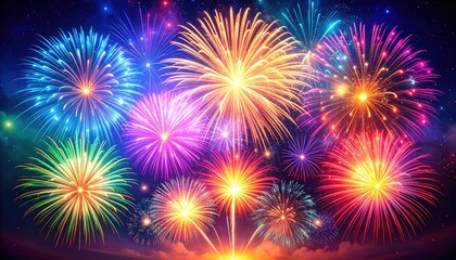 Colorful fireworks display lighting up the night sky with vibrant bursts of color, creating a festive atmosphere for celebrations and special occasions, enhancing joyful experiences