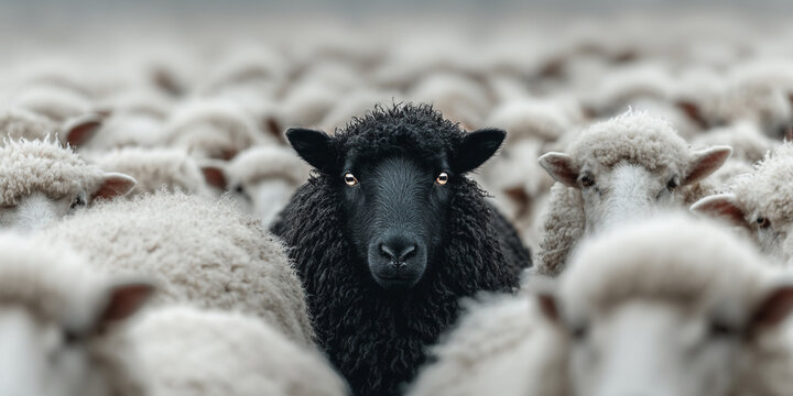 a focused black sheep amongst blurred white sheep, stand out from the crowd, odd one out  concept