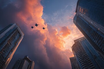 Urban skyline at sunset with silhouettes of tall buildings and skyscrapers, highlighted by golden hues. In the distance, a plane flying across the sky.